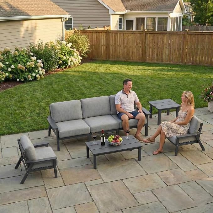 Kingdura HDPE Patio Furniture Set, 3 Piece Outdoor Sectional Sofa with Coffee Table, All Weather Outdoor Couch Conversation Set with Washable Cushions for Backyard Poolside Balcony