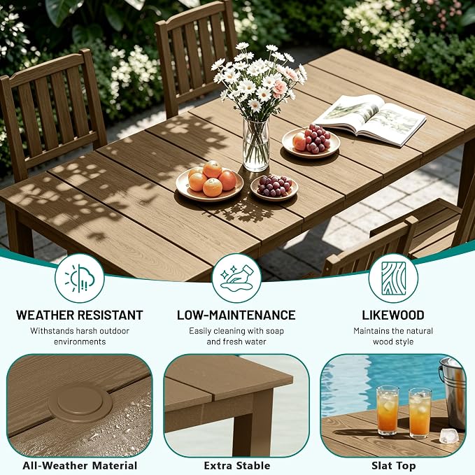 PLUUV 7-Piece Outdoor Dining Set – HDPE Patio Furniture with Umbrella Hole Table, Aluminum Legs, and 6 Armless Chairs, Weatherproof & Easy-Clean for Backyard, Garden, Brown