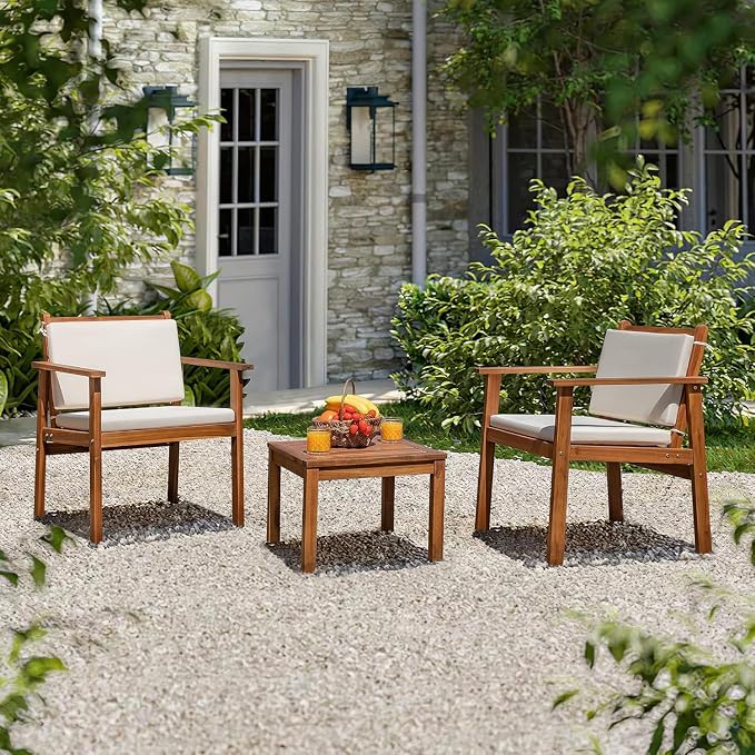 Devoko Patio Set 3 Piece Acacia Wood Outdoor Furniture Conversation Seat with Table & Cushions Porch Chairs for Balcony, Deck, Backyard, Beige