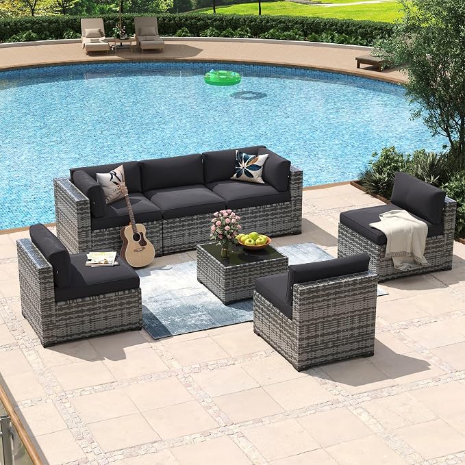 Aoxun 7 Piece Patio Furniture Set Wicker Rattan Patio Conversation Set Outdoor Sectional Sofa Set with Coffee Table and Thickened Cushions, Grey/Black