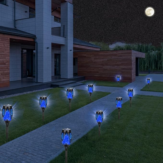 10 Pack Outdoor Solar Lights Blue Flickering Flame Solar Torch Lights | Realistic Flame Effect, IP65 Waterproof & Auto On/Off, Upgraded LED Torches for Outside Patio Yard Garden Pathway Decor