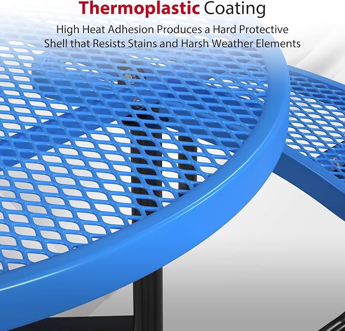 Leisure Craft Metal Picnic Table with Bench - 46" Round Outdoor Dining Table with Umbrella Hole, Heavy Duty Thermoplastic Coating, ADA Compliant, Commercial Grade Furniture Made in USA - Blue