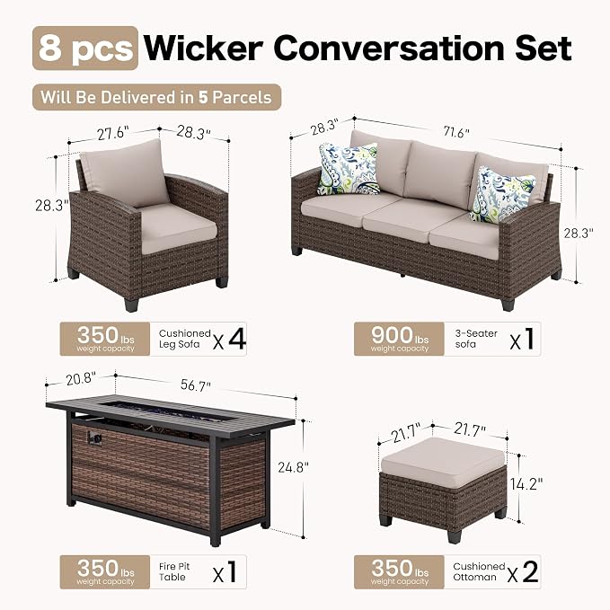 SUNSHINE VALLEY Patio Furniture Set Outdoor Furniture Brown Wicker Rattan Patio Conversation Sets with Cushion Outside Sofa Set,7 Pieces with Rectangular Firepit Table,9 Seats,Beige