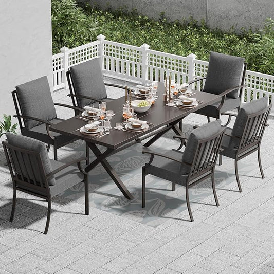 7 Piece Outdoor Dining Set for 6, Metal Patio Table and Chairs with Cushions, Patio Furniture Set with 6 Stackable Chairs, Rectangular Patio Dining Table with Umbrella Hole, Lawn Deck, Yard-Grey