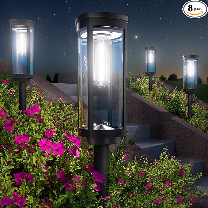 BITPOTT Bright Solar Pathway Lights Outdoor, 8 Pack Solar Garden Lights for Outside Waterproof IP65, Auto On/Off Outdoor Light for Yard Garden Lawn Walkway Driveway Landscape Lighting