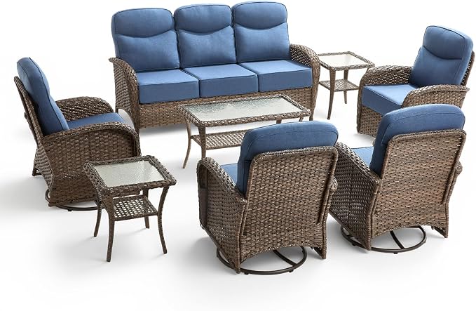 8 Pieces Luxury Outdoor Patio Furniture Set with 6-Inch Thick Cushions, Wicker Outdoor Furniture with High Back Swivel Patio Chairs Set of 4, Patio Conversation Set for Deck Garden Porch, Blue