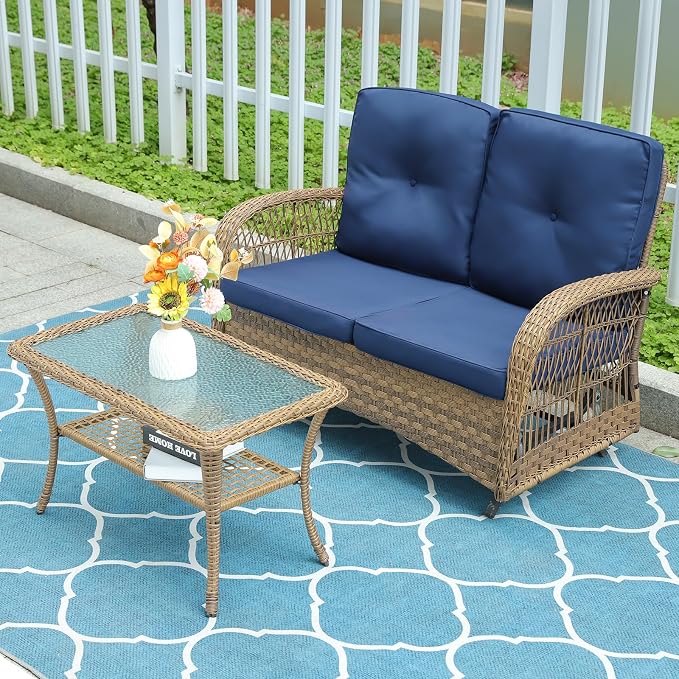 2 Piece Outdoor Wicker Gliding Loveseat Set, Patio Conversation Furniture Sets with 2-Seater Glider Rocking Bench, Glass-Top Coffee Table and Cushions for Porch Garden Poolside, Navy Blue