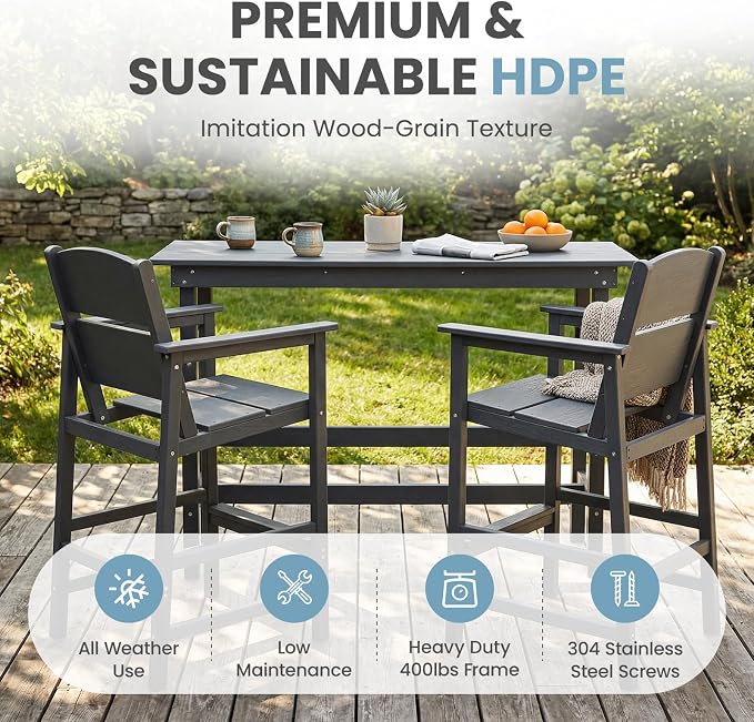 HDPE Outdoor Bar Chairs Set of 2, 28.5" Seat Height Bar Height Patio Stools with Armrest & Back, Heavy Duty All Weather High Top Chairs for Porch/Poolside/Deck, 400lb Capacity, Grey