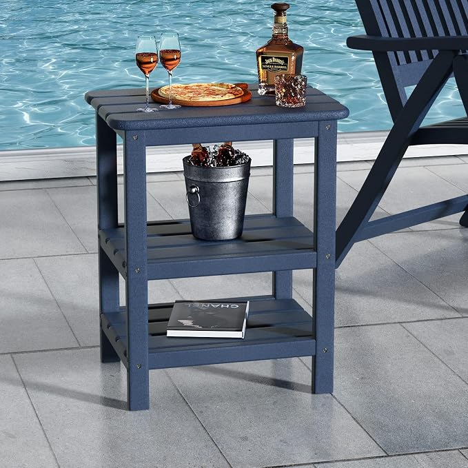 3 Tier Outdoor Side Table Adirondack Side Table HDPE End Table Patio Side Table Rectangle Tables for Outdoor Backyard Garden Balcony (Blue - No Wood Grain)