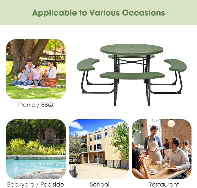 Giantex Picnic Table Set for Up to 8 Persons, Round Outdoor Table and Bench Set with Umbrella Hole, HDPE Top & Metal Frame, 2000LBS Capacity, Patio Table Bench for Deck Backyard Garden (Green)