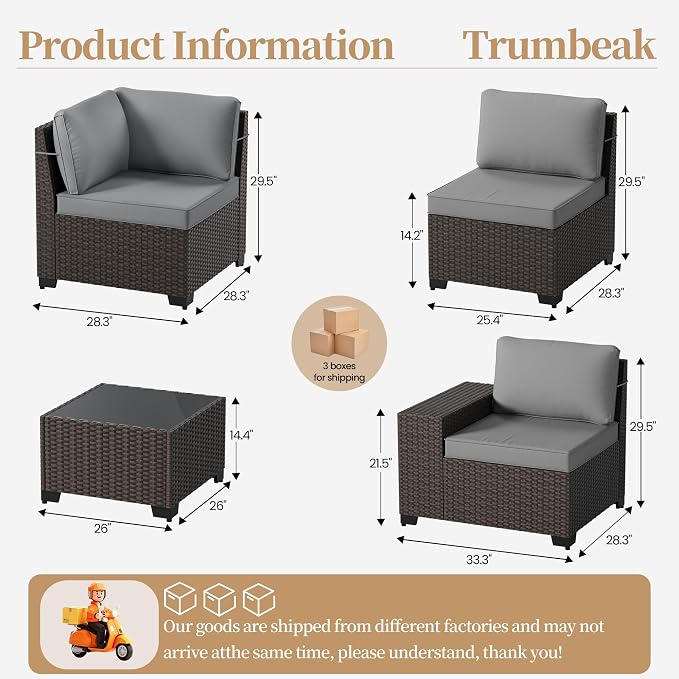 Patio Furniture Set 6 Pieces Outdoor Sectional Sofa Set,PE Rattan Wicker Patio Conversation Set with Thickened Cushions and Glass Coffee Table,Grey