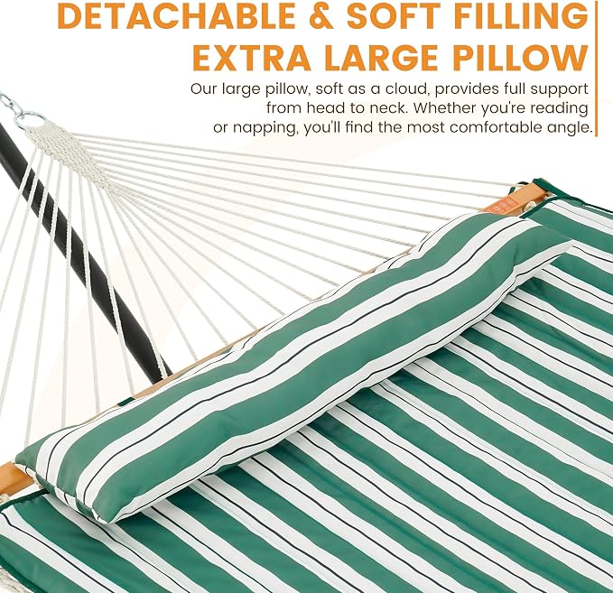 Lazy Daze Hammocks Rope Hammock with Pad, Spreader Bar, Carabiners, Tree Straps, Chains for Outside Patio- Max 450 Lbs, Green Stripes