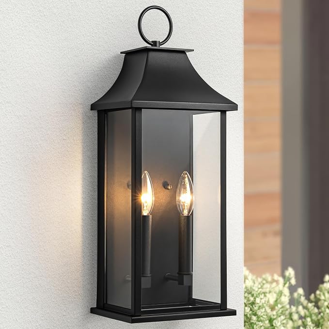 Outdoor Wall Lights, Dusk to Dawn Waterproof Outside Wall Sconce | Large Modern Wall Fixture with Glass, Exterior Lamp for House, Porch, Garage, 2-Light (20.6 Inch, Black)