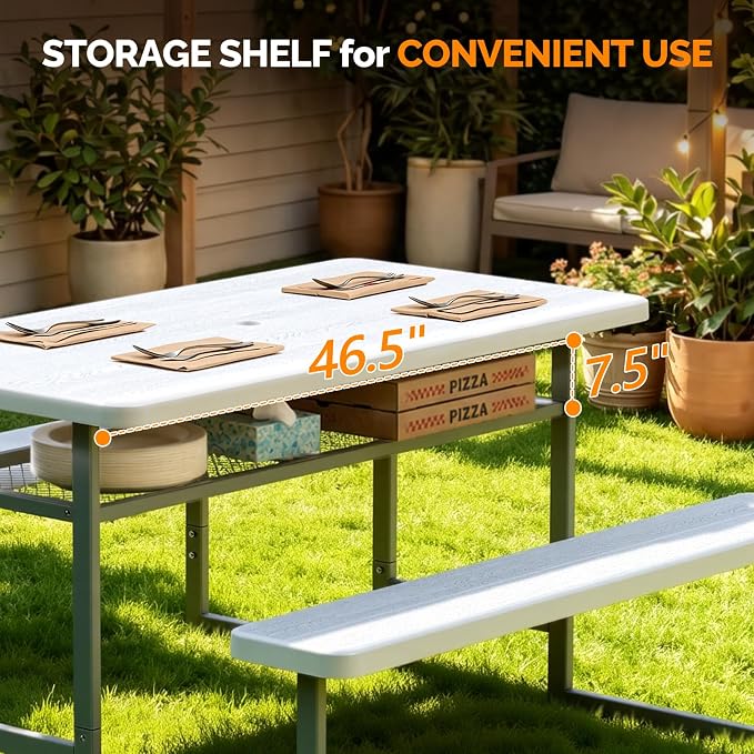 VINGLI Outdoor Picnic Table with Storage Shelf & Umbrella Hole, 4.5FT All Weather Metal Frame HDPE Tabletop Plastic Picnic Table for Dining Party Garden(White)