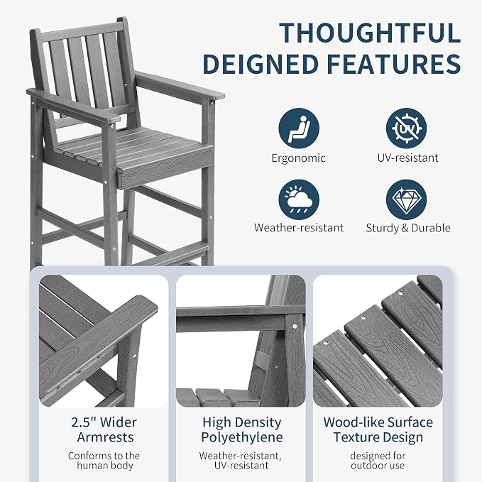 Adirondack Chairs Set of 4, All Weather HDPE Counter Height Bar Chair with Wide Armrests & Footrest, Heavy-Duty Outdoor Bar Height Barstools Set for Patio, Balcony, Pool, Backyard, Grey