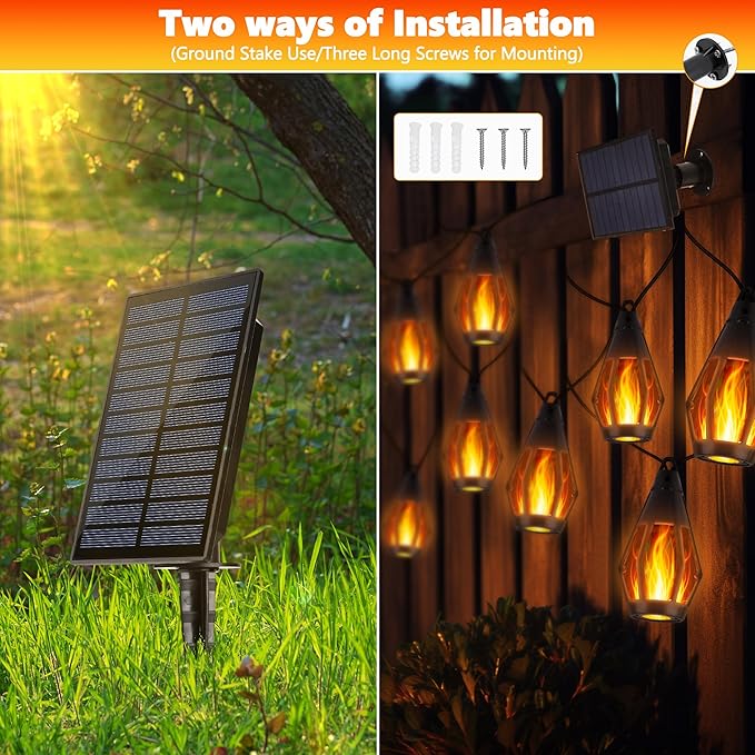 iBaycon Solar Flame String Lights, 27FT 10 LED Bulbs Waterproof, Warm White | Ultra-Real Flickering Flame Lamp Outdoor Waterproof, Solar Patio String Lights for Garden Yard Lawn Decorations