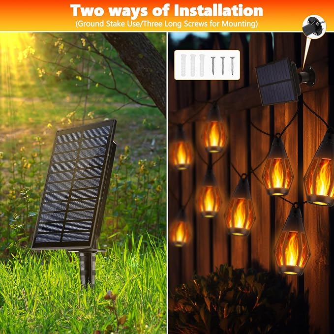 iBaycon Solar Flame String Lights, 42FT 15 LED Bulbs Waterproof, Warm White | Ultra-Real Flickering Flame Lamp Outdoor Waterproof, Solar Patio String Lights for Garden Yard Lawn Decorations