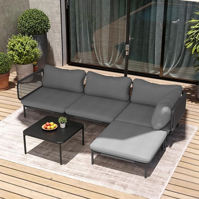 5-Piece Modern Outdoor Sectional Sofa with Coffee Table - 31" Deep Seating Patio Conversation Set, Weather-Resistant Low-Profile 11" Seat Height Lounge Seats for Deck, Porch & Backyard,Grey