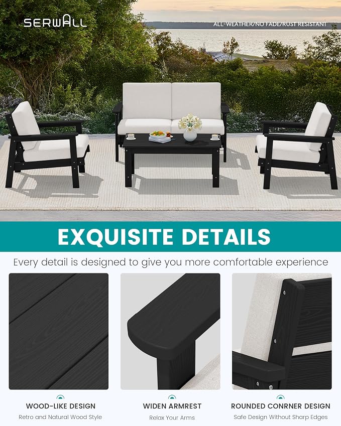 SERWALL HDPE Outdoor Furniture Set, 4 Piece Outdoor Sofa Set, Black Frame with Khaki Cushions