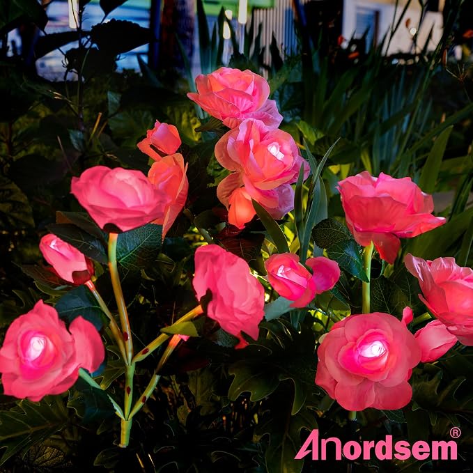 Anordsem Solar Garden Lights Outdoor: Waterproof Fabric Roses - Red LED Flower Decorations for Yard Patio Path Cemetery Grave - Birthday Gifts for Women Mom Wife - 6 Pack Pink