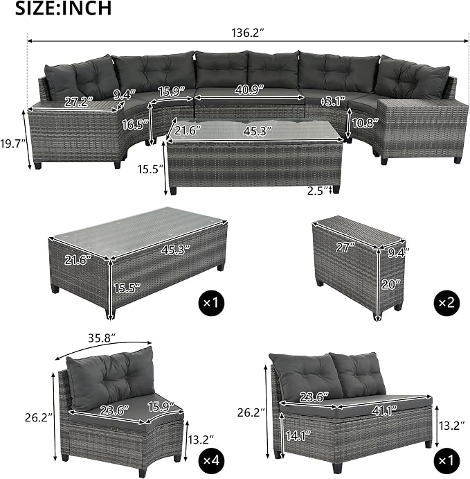 8 Piece Outdoor Wicker Round Sofa Set, Half-Moon Sectional Set with Tempered Glass Top Rectangular Coffee Table, Curved Patio Conversation Seating Set for Porch Backyard, Grey