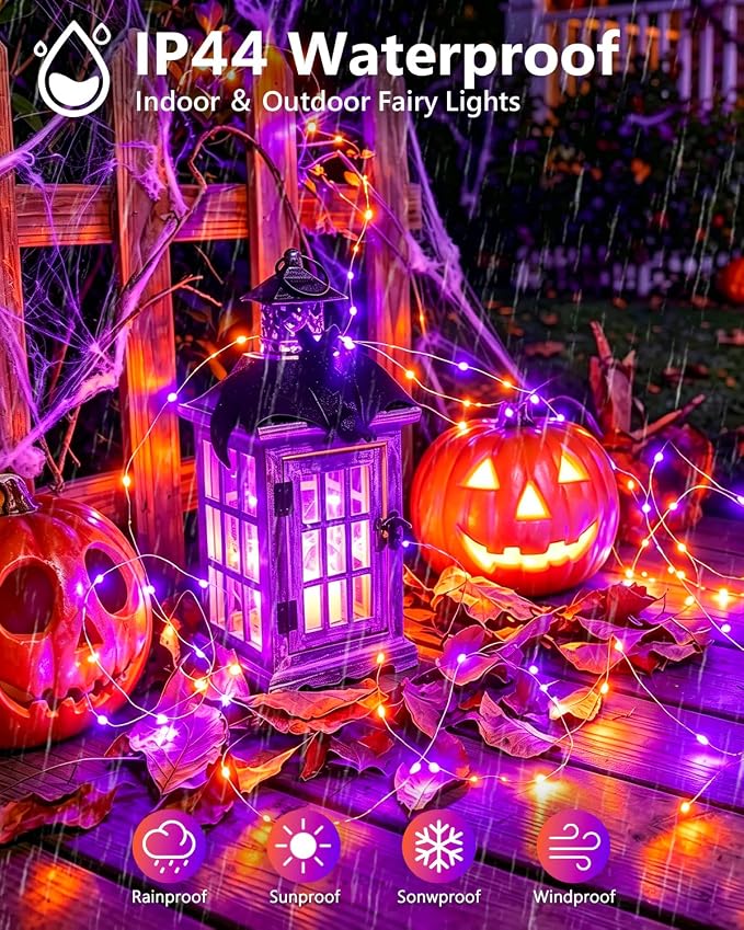 4Pack 60LED Fairy Lights Battery Operated Orange and Purple Halloween Decor | 20 FT, Halloween Lights with Timer, Cuttable Copper Wire, Waterproof Battery String Lights for Indoor Outdoor, Bedroom, Home
