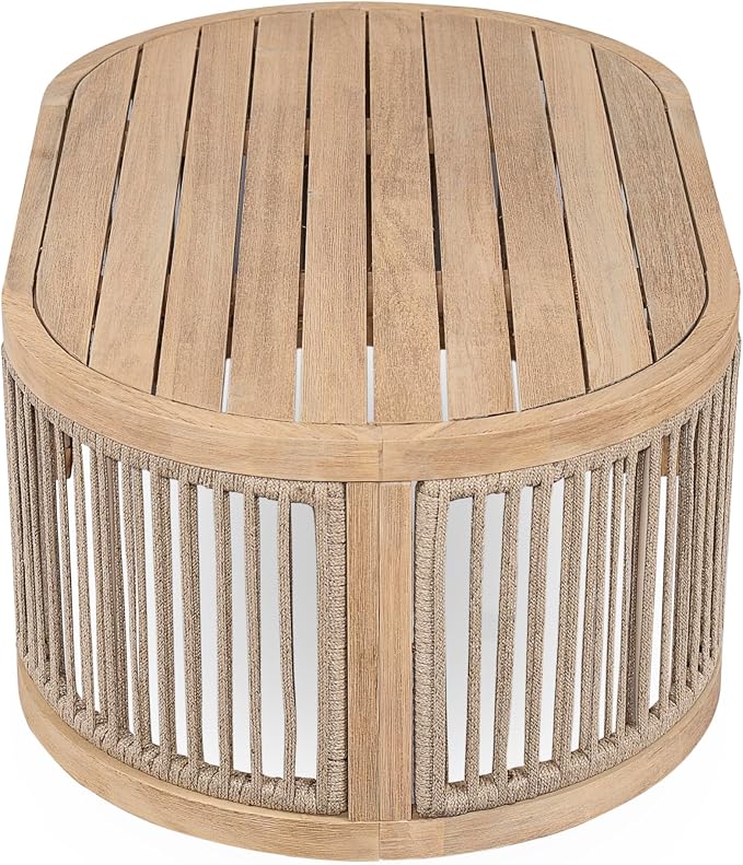 Christopher Knight Home Buekaz Outdoor Acacia Wood Coffee Table with Woven Rope Accents, Outdoor Patio Slatted Oval Centerpiece, Boho Chic Garden Sofa Side Accent Table for Modern Decor, Light Teak