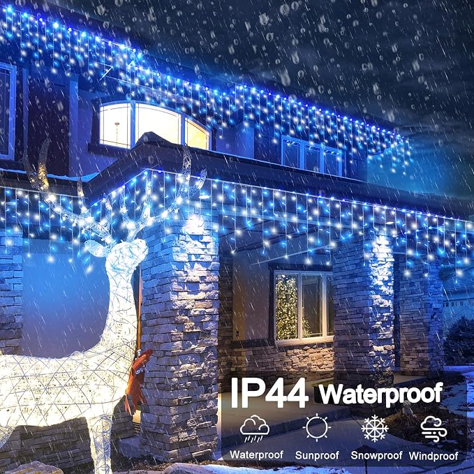 33ft Blue and White Christmas Lights Outdoor Icicle Lights for Outside 400L | Twinkle String Lights Clear Wire Connectable 8 Modes Timer Waterproof for House Window Party Tree Holiday Patio Yard Decor