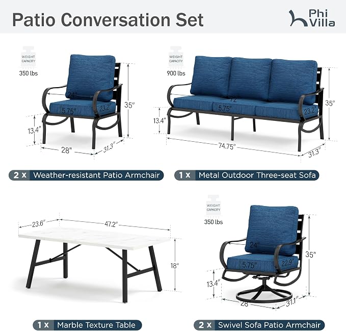 PHI VILLA 6 Piece Patio Furniture Sets with 1 x 3-Seat Wide Deep Seating Bench, 2 x Swivel Cushioned Sofa Chairs, 2 x Leg Sofa & 1 x Coffee Table, Outdoor Furniture Set for 7 Person, Peacock Blue