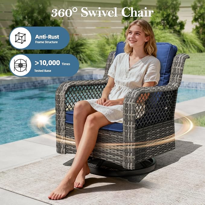 Outdoor Patio Furniture Set with Swivel Chairs and Ottoman, 6 Pieces All-Weather Wicker Patio Conversation Sets with Sofa and Coffee Table for Backyard, Porch, Balcony, Blue
