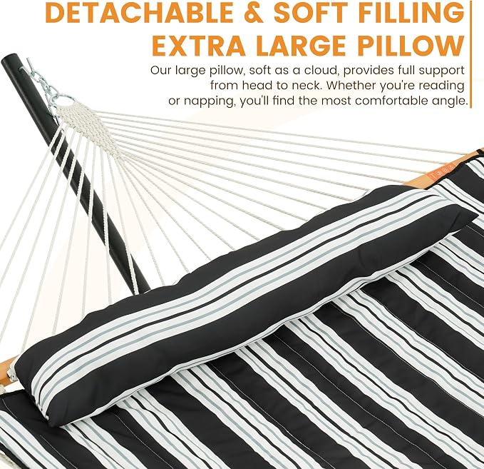 Lazy Daze Hammocks Rope Hammock with Pad, Spreader Bar, Carabiners, Tree Straps, Chains for Outside Patio- Max 450 Lbs, Black Stripes