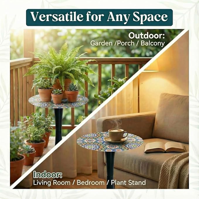 13.4" Outdoor Side Table, Round Patio Bistro Table Printed Tempered Glass Top, Waterproof Rust-Proof Base, Small Plant Stand for Balcony, Garden, Deck, 21.6" H (Morocco)