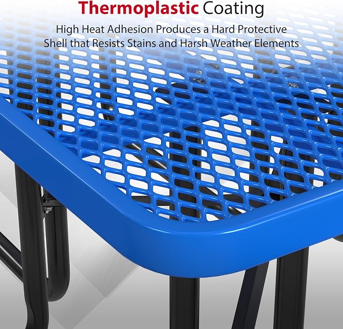 Leisure Craft Metal Picnic Table with Bench - 46" Square Outdoor Dining Table with Umbrella Hole, Heavy Duty Thermoplastic Coating, ADA Compliant, Commercial Grade Furniture Made in USA - Blue