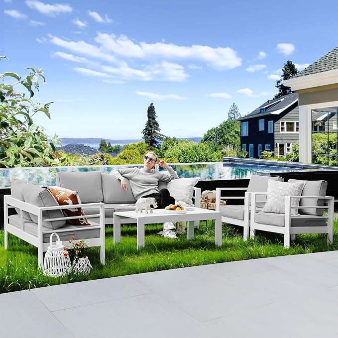 Aluminum Patio Furniture,Outdoor Metal Sectional Sofa with Table and Waterproof Covers,White Modern Patio Furniture Set for Garden Backyard (8-Piece)