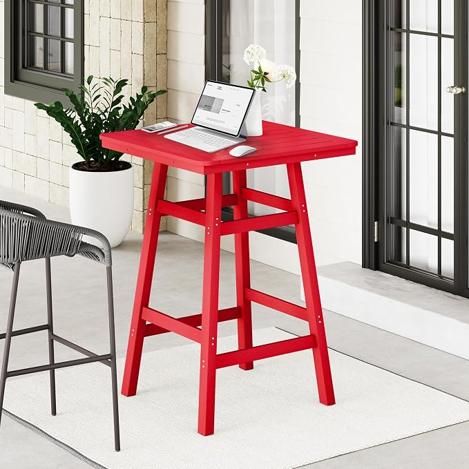 Costaelm Outdoor Bar Table, 42" Counter Height Square Patio Cocktail Bar Table with Umbrella Hole, Patio Bistro Dining Pub Table for Front Porch Deck Backyard Garden, Red