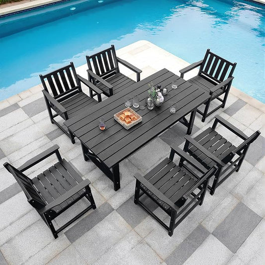 7-Piece Patio Dining Table Sets, Outdoor HDPE Dining Furniture Set with Umbrella Hole Table and 6 Chairs for Poolside, Porch, Yard and Garden, Black