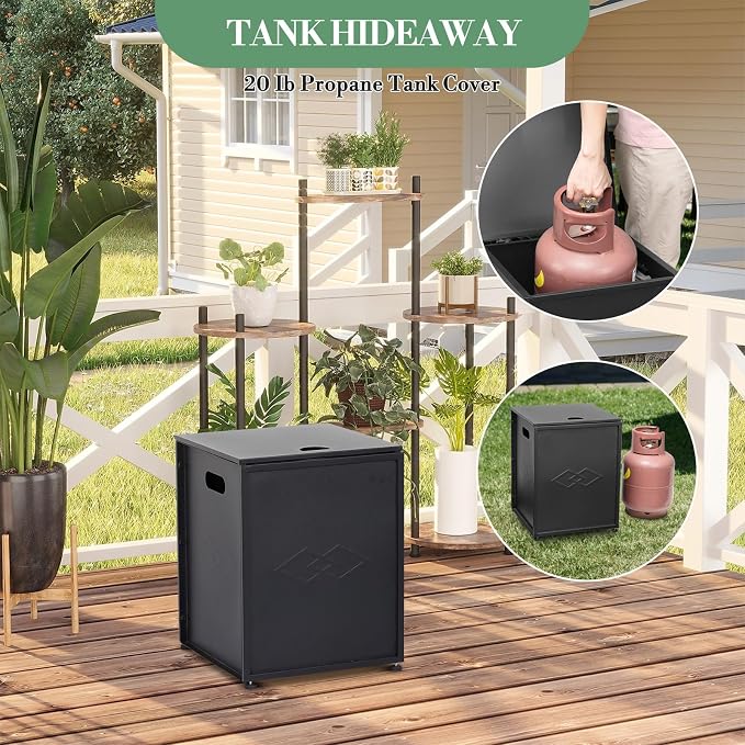 Propane Tank Cover Table – 20LB Outdoor Gas Cylinder Hideaway Storage Box with Side Handles – Metal Side Table for Garden Fire Pits