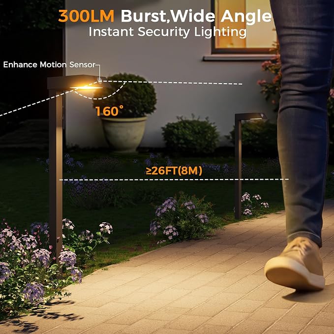 XMCOSY+ Solar Pathway Lights, 4 Pack Metal Motion Sensor Outdoor Lights | 300LM bright garden light for yard, backyard, driveway, walkway, 3 lighting modes, all-night lighting (warm/cool white)