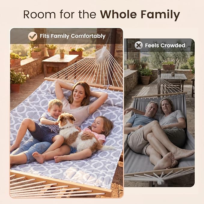Everyfun Double Hammock with Spreader Bar - 2 Person Patio Hammock, 500 lbs Capacity, Soft Pillow & Carry Bag, Flat Wide Bed, Portable Quilted Hammock for Outdoor Camping Backyard Garden,White Gray