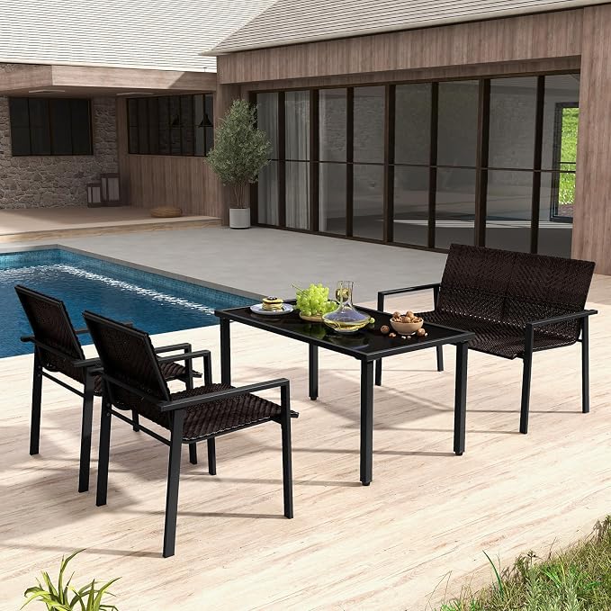 HAPPYGRILL 4 Pieces Outdoor Patio Wicker Furniture Set, Conversation Set with Coffee Table, PE Rattan Chairs with Galvanized Metal Frame for Small Space, Balcony, Poolside, Backyard (Mix Brown)