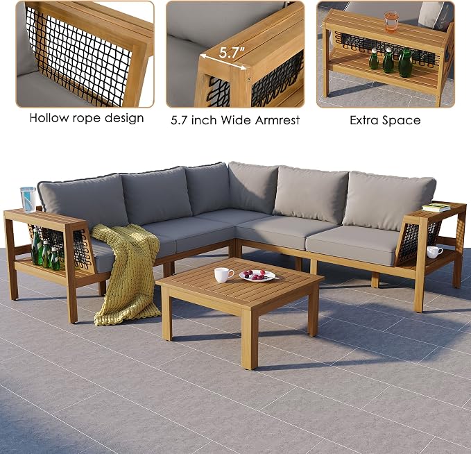 JIVOIT Acacia Wood Sofa Set, 4 Pieces Outdoor Conversation Set with Coffee Table, L-Shaped Patio Furniture Sofa with Woven Mesh Armrests, Cushions and Side Table, Adjustable Foots (Gray/201)