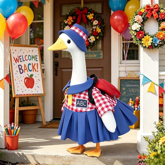Back to School Porch Goose Outfit Fits 23'' Plastic/Cement Statue | Goose Outfits Back to School with Schoolbag, Pencil and ABC Chalkboard, Classroom Outdoor Garden Patio Yard Lawn Decoration