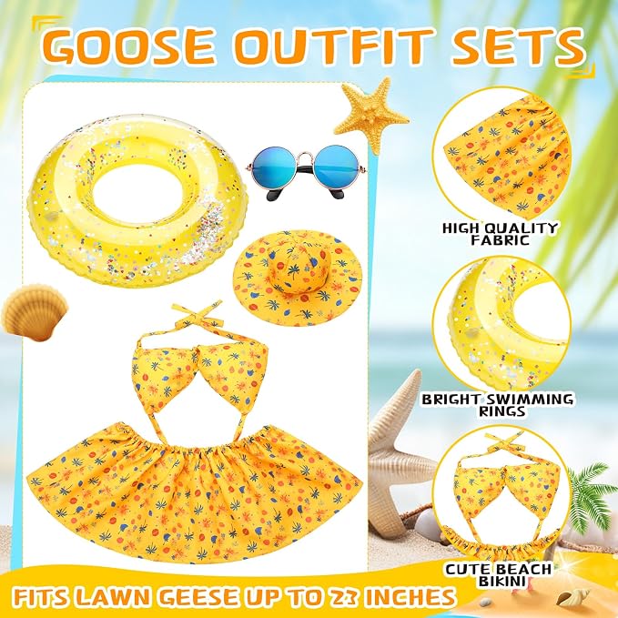 Abbylike Summer Porch Goose Outfits Yellow Bikini Hawaiian Goose Costume Clothes with Swimsuit, Swim Ring, Sun Hat, Sunglasses Fits Large 23'' Cement for Garden Yard Statue Lawn Art Decoration
