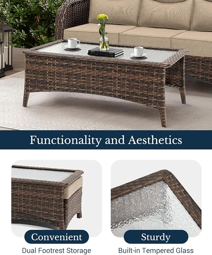 HILLGA Luxury Outdoor Patio Furniture Set with 6-Inch Thick Cushions, High Back Wicker Swivel Rocker Chairs, 7 Pcs All Weather Conversation Set for Large Deck, Yard and Poolside, Beige (V3)