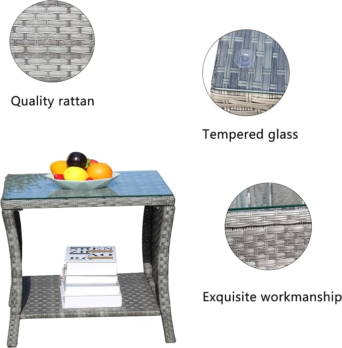 Wicker Rattan Side Table, Outdoor Square Rattan Coffee End Table with Tempered Glass Top and Storage for Patio Porch Lawn (B-Gray)