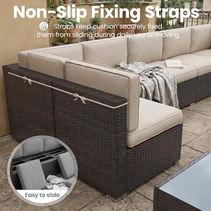 6 Pieces Patio Furniture Set with 44" Propane Gas Fire Pit Table, Outdoor Sectional Brown Rattan Wicker Conversation Sofa Sets with Coffee Table