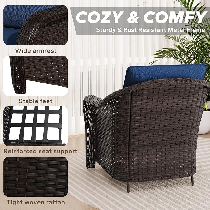 5 PCS Outdoor Conversation Set | 55" Couch, 2 Swivel Chairs, 2 Ottomans, Patio Wicker Conversation Furniture with Removable Cushions for Bistro, Deck, Sunroom (Navy Blue)