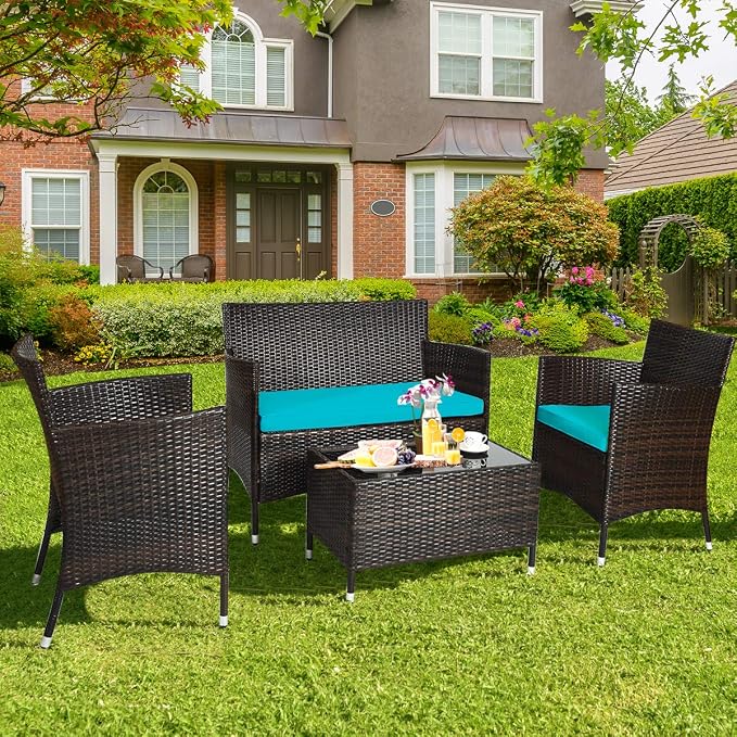 Tangkula 8 Pieces Patio Rattan Conversation Set with Tempered Glass Coffee Table & Thick Cushion, Wicker Set for Garden, Lawn, Poolside and Backyard