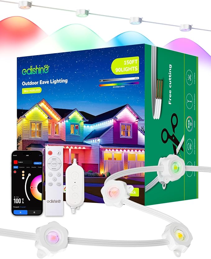 EDISHINE 150FT Permanent Outdoor Lights, RGBIC 111+ Scene Modes, IP67 | App/Voice/Remote Control, Cuttable & Splicable Accent Lights for Party Decor & Festive Celebrations