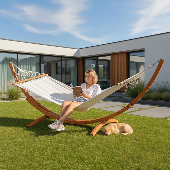 ONCLOUD Premium Double Hammock Set with Curved Hardwood Stand - 10.5ft Outdoor Relaxation System (400lb Capacity)